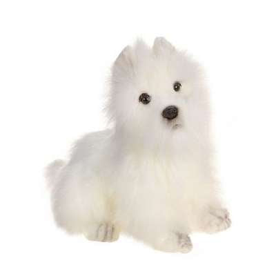 A West Highland White Terrier stuffed animal with shiny black eyes sitting on a white background, looking straight at the camera.