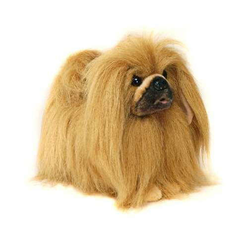 A fluffy Pekingese Dog Stuffed Animal with long, golden fur and realistic features sitting against a white background, looking directly at the camera.