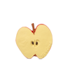 Pepita the Apple Teething Toy is shaped like a sliced red apple with a brown stem and two seeds, made from natural rubber. "Oli & Carol" is embossed on the lower right side. Ideal as a baby teether. Plain white background.