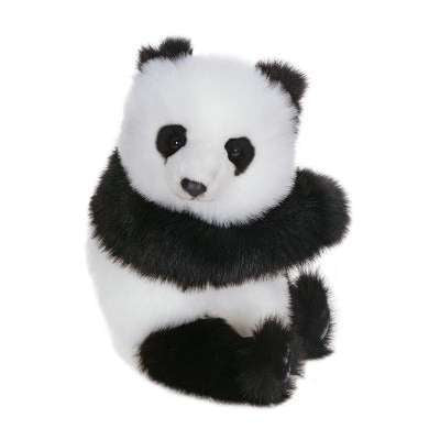 A hand-sewn Panda Cub stuffed animal with black and white fur, featuring large, round eyes, and sitting upright against a white background.