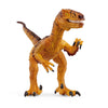 The Schleich Velociraptor is a yellow and brown dinosaur figurine with sharp teeth and claws, standing on two legs with its mouth open to reveal a movable jaw and its tail extended—making it a popular toy for imaginative play.