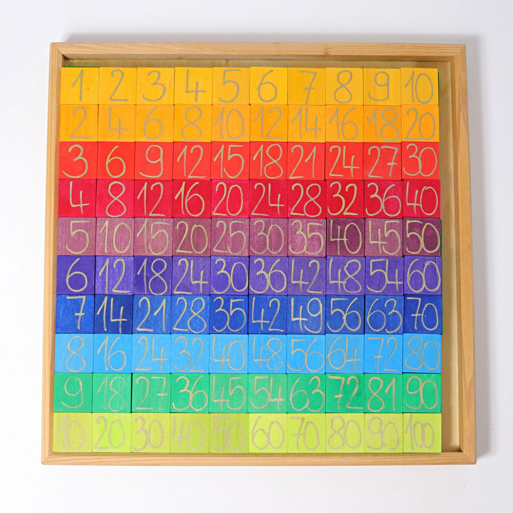 The "Grimm's Counting with Colors" preschool arithmetic set features a wooden frame with blocks numbered from 1 to 110. The mainly green blocks are accented by vibrant numbered snakes in colors like purple, representing higher numbers such as 200, 300, and beyond. Arithmetic symbols are displayed below the numbers for easy learning.