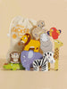 The Africa Stacking Animals & Bag includes a canvas storage bag and colorful wooden lion, leopard, parrot, hippo, monkey, elephant, zebra, giraffe, and crocodile that help children build fine motor skills through sustainable play.