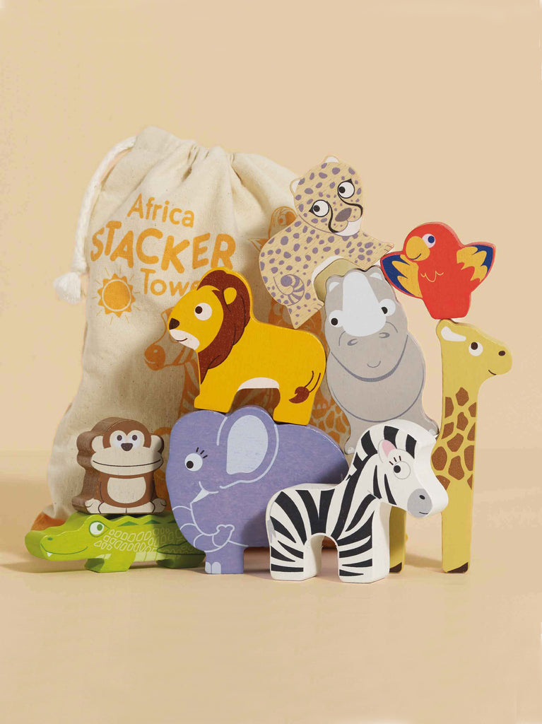 The Africa Stacking Animals & Bag includes a canvas storage bag and colorful wooden lion, leopard, parrot, hippo, monkey, elephant, zebra, giraffe, and crocodile that help children build fine motor skills through sustainable play.