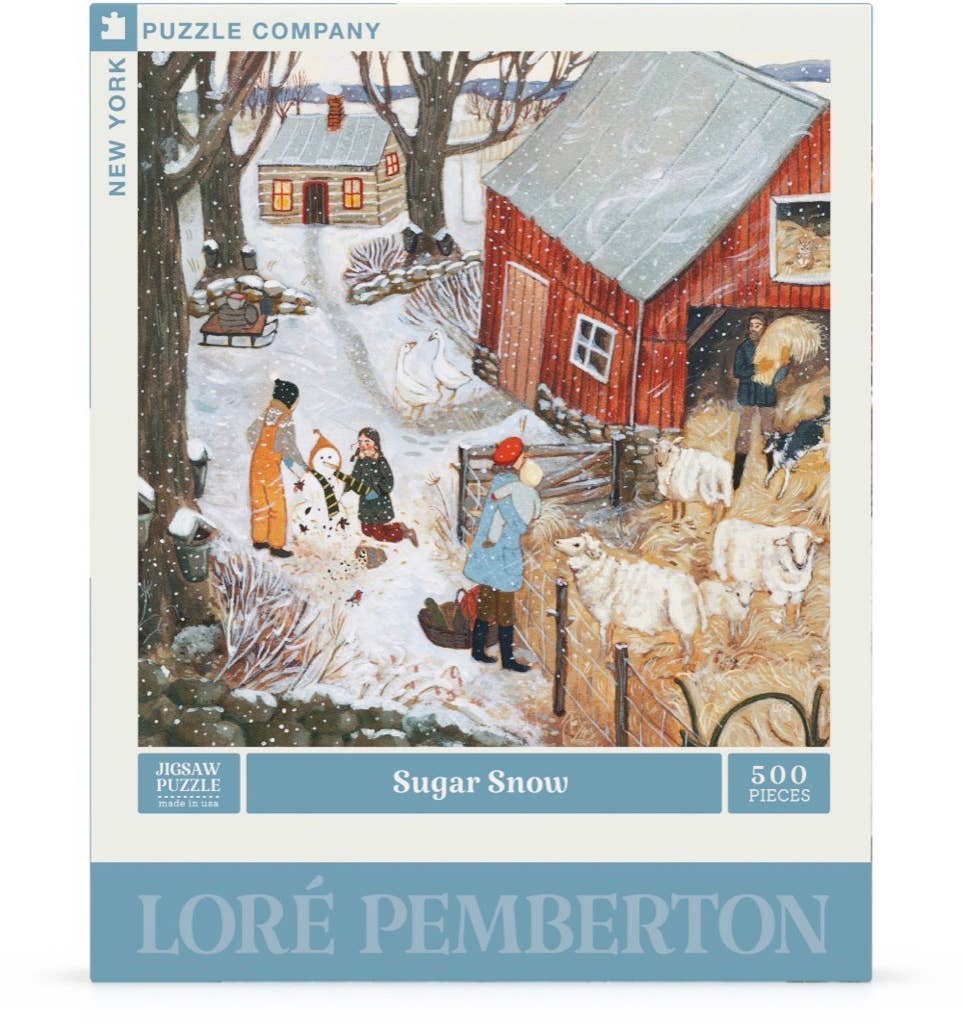 Enjoy a cozy winter scene with the Sugar Snow - 500 Piece Jigsaw Puzzle by Loré Pemberton: people build a snowman as sheep roam near a red barn. From New York Puzzle Company.