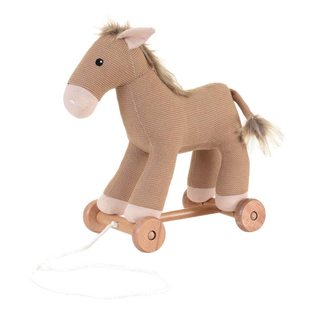 Pull-Along Henry is a charming brown plush horse from Egmont Toys, set on wooden wheels and featuring a pull string, white hooves, and a yarn mane and tail—making this adorable pull-along toy perfect for little adventurers.