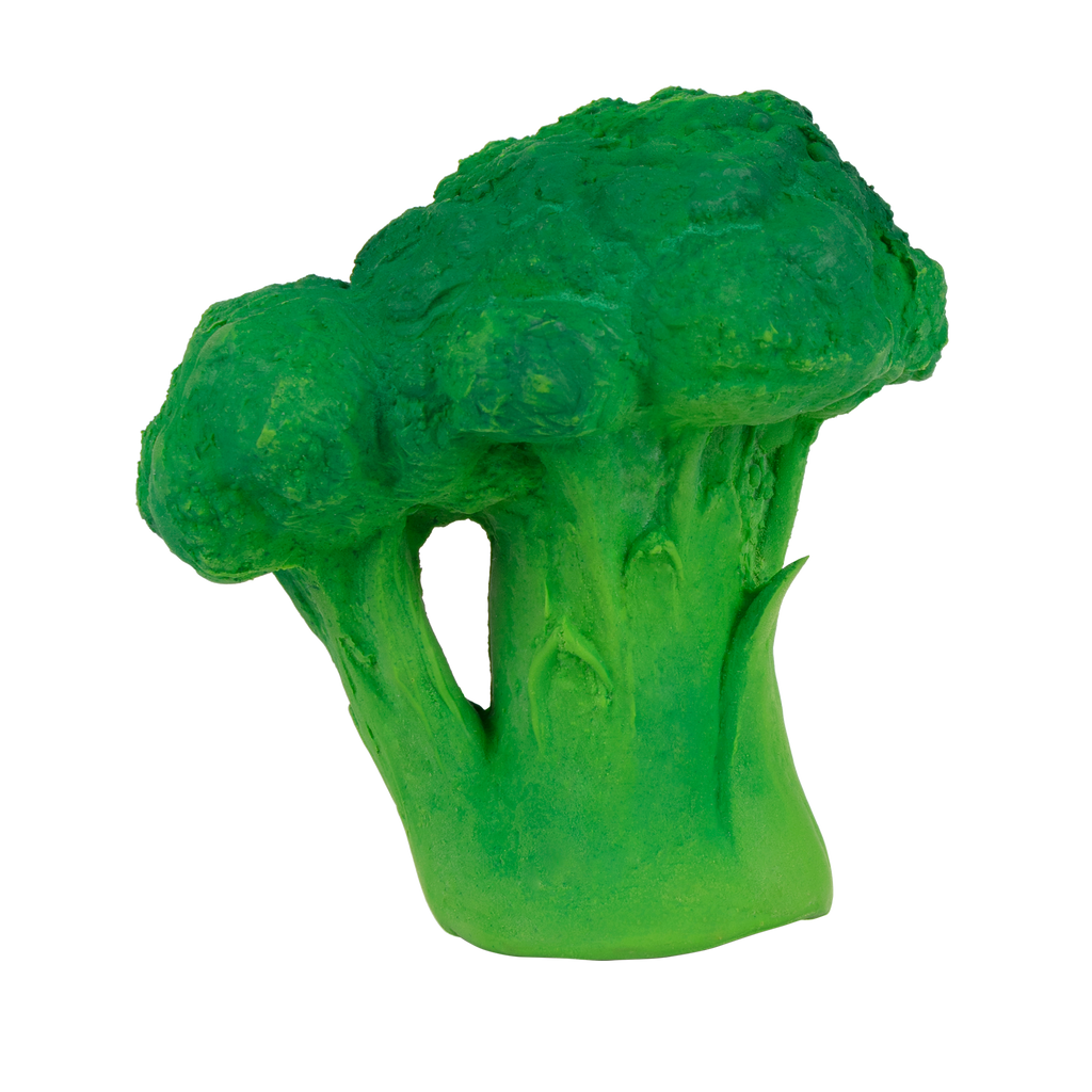 Brucy the Broccoli Teething Toy is a natural rubber baby toy with a thick green stalk and rounded, textured tops—perfect for teething or sensory play, pictured against a plain white background.