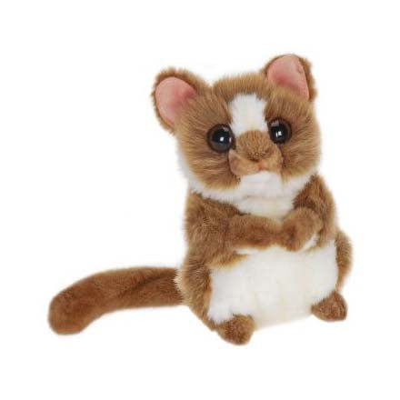 The Tarsier Baby Stuffed Animal is a hand-sewn plush toy with brown and white fur, big black eyes, round ears, and a long tail—perfect for collectors who love realistic stuffed animals.