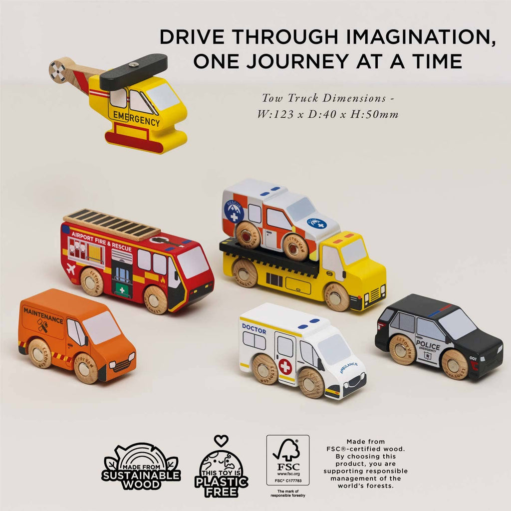 The Emergency Helicopter & Rescue Cars set features six colorful wooden vehicles, including a helicopter, fire truck, and ambulance—displayed on a light surface with product features and sustainability icons below, perfect for imaginative play.