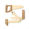 The Wooden Tool Set features four tools—saw, wrench, hammer, and square—crafted from solid rubber wood with Sapele teak wood accents and displayed on a white background for a playful, minimalist style.