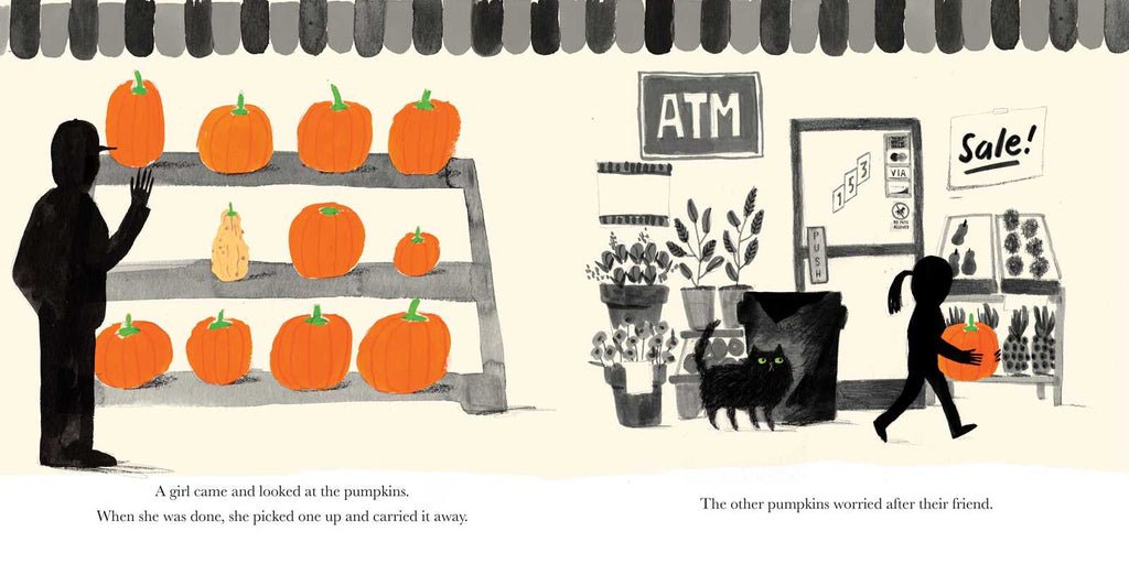 A girl picks a pumpkin from a store display and walks away, leaving the other pumpkins—especially Stumpkin by Lucy Ruth Cummins, the stemless jack-o-lantern—watching her go with concern.