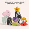 Stack up thinking skills with the Ocean Life Stacking Animals & Bag—colorful wooden sea creatures like a dolphin, penguin, and jellyfish make the perfect sensory play toy for kids!.