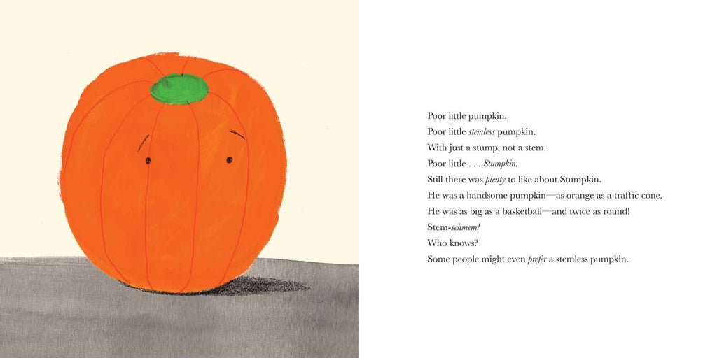 An illustration of a sad orange pumpkin sits on a gray surface, paired with text about Stumpkin by Lucy Ruth Cummins—a stemless jack-o-lantern featured in this unique Halloween pumpkin book.
