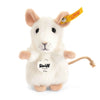 A plush Steiff Pilla Mouse Stuffed Plush Animal with high quality woven fur, large ears, and a long tail, displaying the Button in Ear trademark on its ear and a name tag reading "Pilla.
