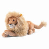 A Steiff, Leo Lion plush toy with a fluffy mane and realistic eyes, crafted from woven plush, lying down on a white background.