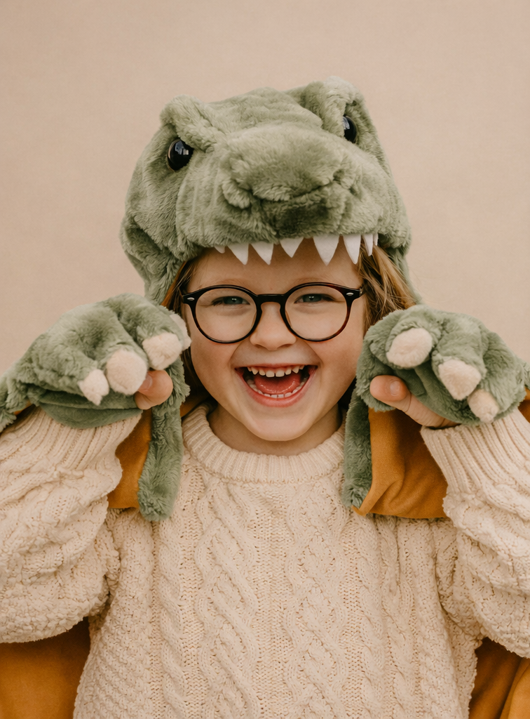 A smiling child in glasses and a chunky knit sweater poses playfully in the Wild & Soft Costume - T-Rex Dino: a plush green dinosaur outfit with paw-shaped mittens and a dinosaur headpiece featuring teeth.