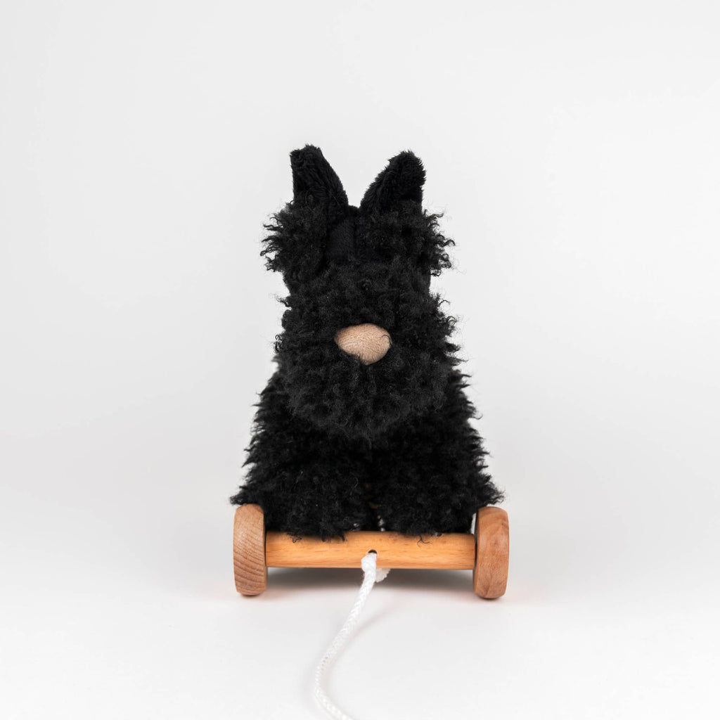 Pull-Along Walter, a black fluffy stuffed dog, sits on a small wooden wheeled base with a white pull string, creating an adorable pull-along toy designed to engage and delight children against a plain white background.