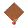The Pepa the Apple Big Doudou, made of brown organic cotton, is diamond-shaped with a red apple-shaped natural rubber teether and a green leaf attached to one corner, shown on a white background.