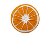 Clementino the Orange Teether, a round natural rubber baby toy resembling an orange fruit slice with white segment lines, is perfect for sensory play or as a safe teething toy, shown on a plain white background.