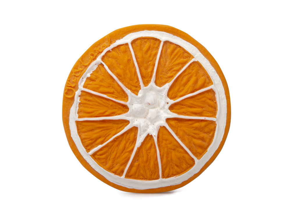 Clementino the Orange Teether, a round natural rubber baby toy resembling an orange fruit slice with white segment lines, is perfect for sensory play or as a safe teething toy, shown on a plain white background.