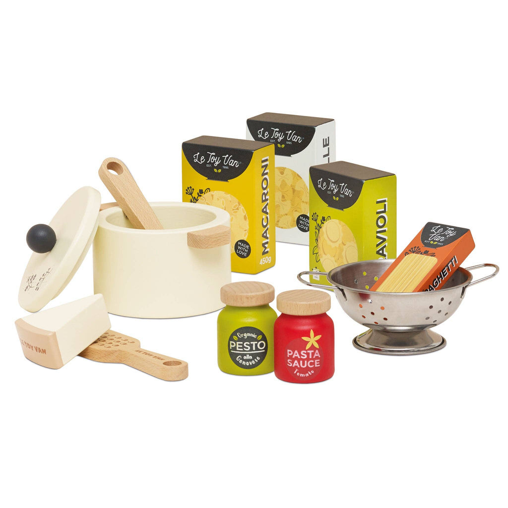 The Pretend Play Pasta Set is ideal for imaginative play, including a wooden play kitchen set with a pot and lid, wooden spoon, cheese grater, three toy macaroni, ravioli, and spaghetti boxes, two jars labeled pesto and pasta sauce, and a metal colander.