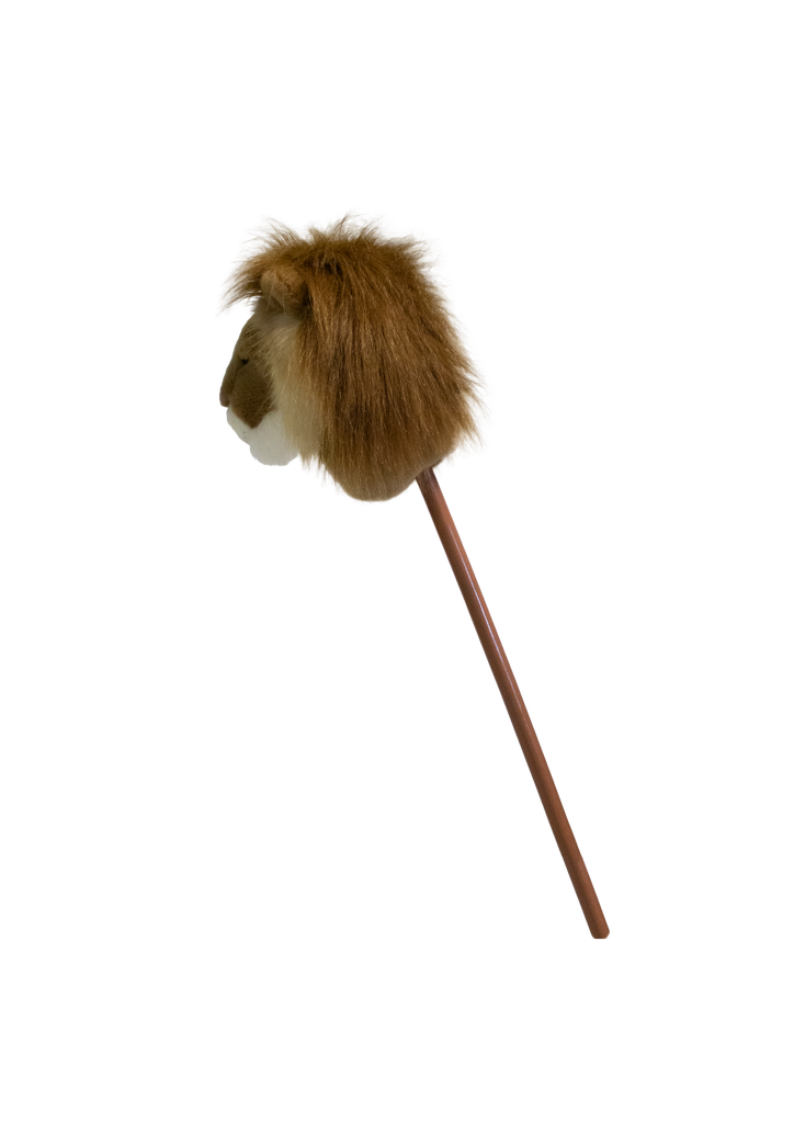 The Hobbyhorse - Lion features a plush lion head with a brown mane on a wooden stick, ideal for safari adventure play, and is displayed on a plain white background.