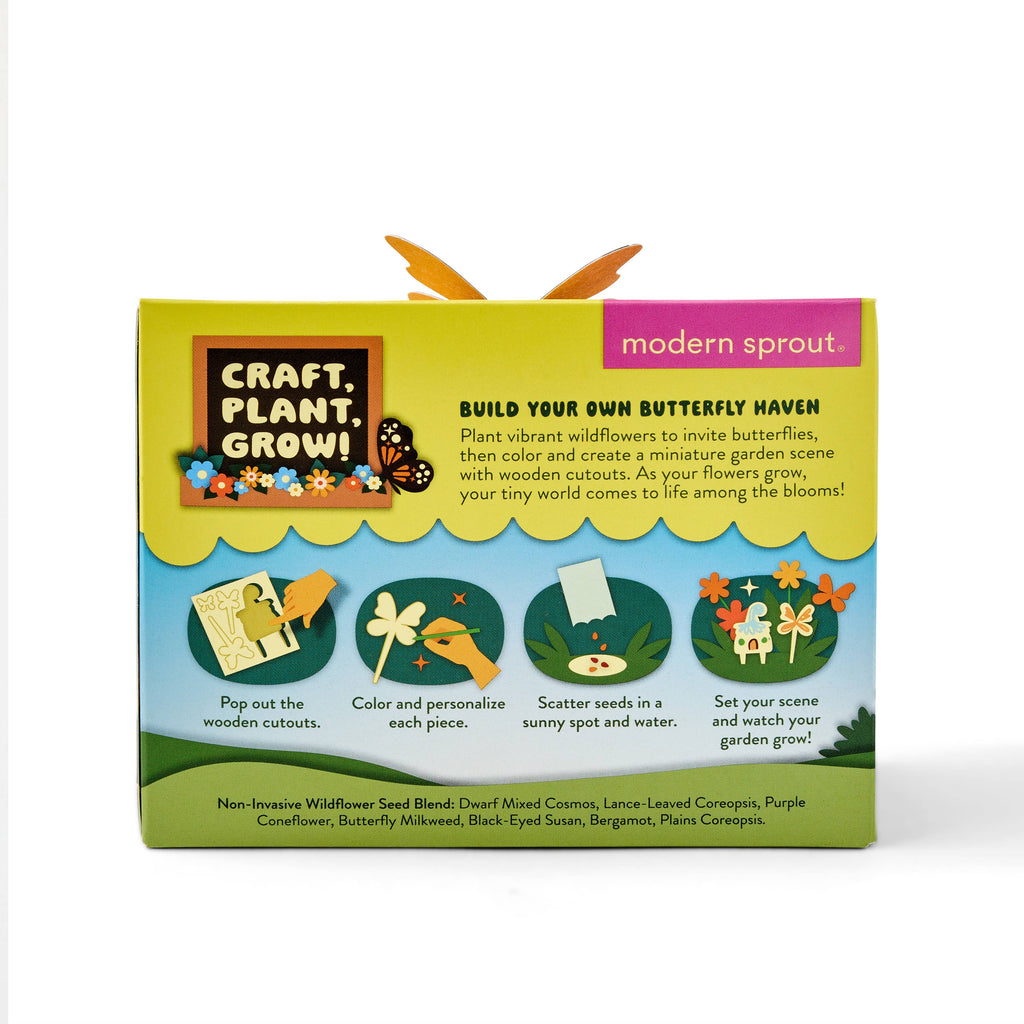 The Magical Minds Garden Kit is a colorful box with step-by-step illustrated instructions to craft and plant a pollinator habitat—a fun STEM DIY butterfly haven activity for kids.