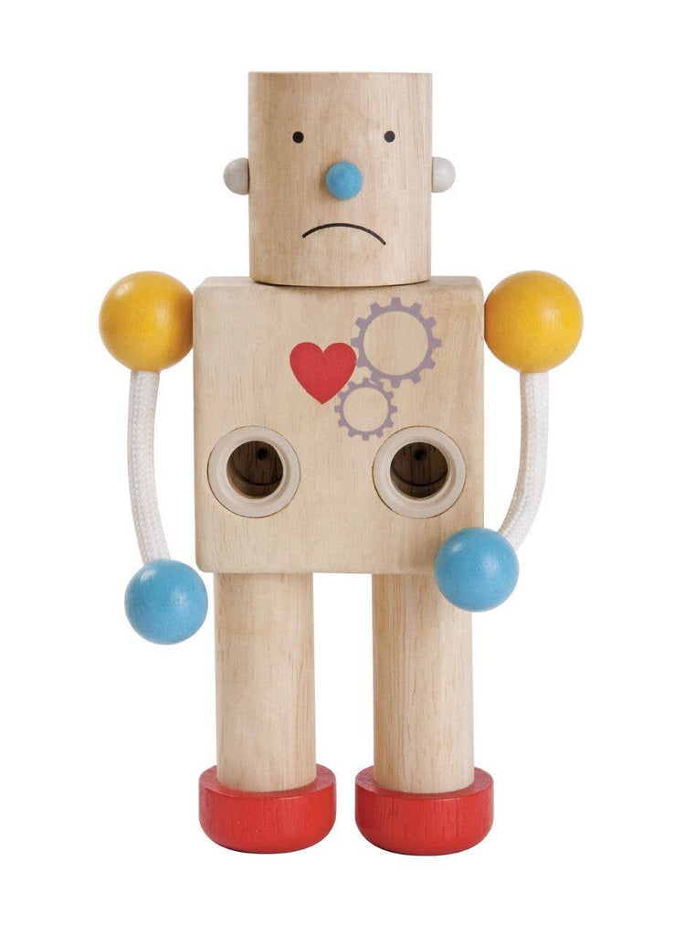 Build-A-Robot features interchangeable heads (including a sad face), yellow and blue joints, red shoes, a heart, and gears design on its chest—perfect for teaching emotions while standing on a white background.