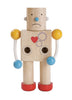Build-A-Robot features interchangeable heads (including a sad face), yellow and blue joints, red shoes, a heart, and gears design on its chest—perfect for teaching emotions while standing on a white background.