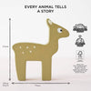 Discover the Woodland Stacking Forest Animals & Bag—a wooden animal figure with white spots, measuring 85mm tall, 79mm wide, and 20mm deep. Crafted from sustainable, plastic-free FSC-certified wood and marked with eco-friendly logos, it's perfect for imaginative play as part of a woodland animals stacking set. The packaging reads: "EVERY ANIMAL TELLS A STORY.