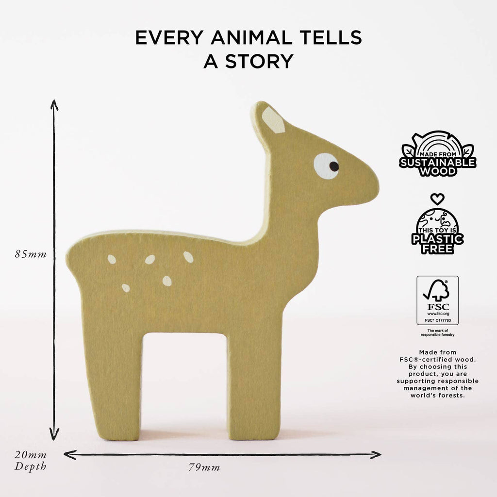 Discover the Woodland Stacking Forest Animals & Bag—a wooden animal figure with white spots, measuring 85mm tall, 79mm wide, and 20mm deep. Crafted from sustainable, plastic-free FSC-certified wood and marked with eco-friendly logos, it's perfect for imaginative play as part of a woodland animals stacking set. The packaging reads: "EVERY ANIMAL TELLS A STORY.