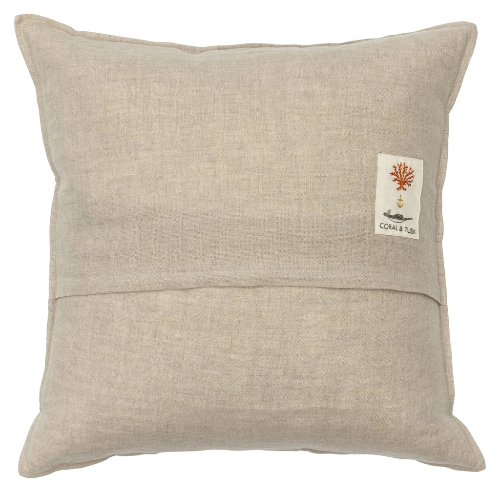 The Coral & Tusk Woodland Living Tree Pillow features a beige linen cover with a back flap and stitched label showing an orange coral illustration and “CORAL & TUSK,” adding woodland charm to your decor. Ships in one week.