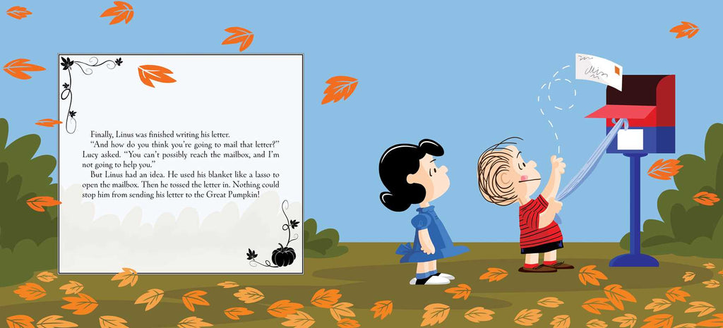 Linus stands on tiptoes to mail a letter in a red mailbox as Lucy watches. Autumn leaves fall around them. A text box features an excerpt from It’s the Great Pumpkin, Charlie Brown by Charles M. Schulz.