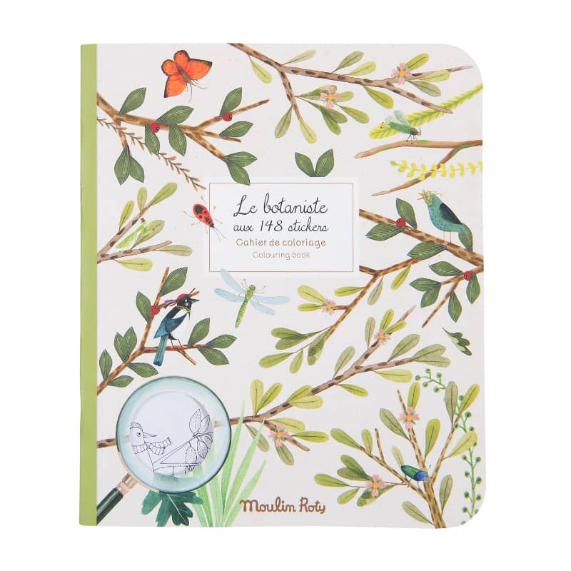 The Moulin Roty Botanist Coloring Book & Stickers has a colorful garden theme cover with branches, leaves, birds, butterflies, and insects. It includes 148 garden stickers and is published by Moulin Roty.
