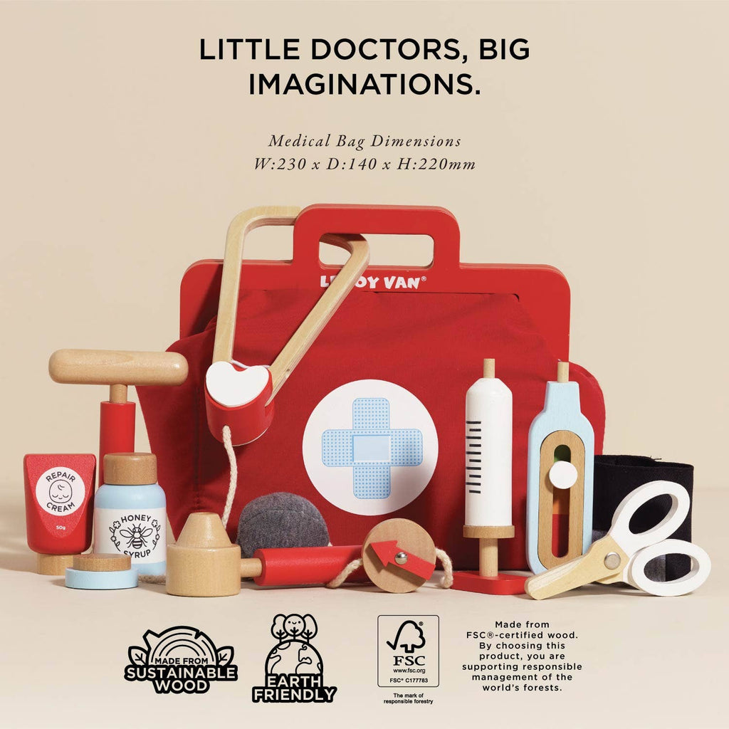 The Pretend Play Vintage Doctor Set includes a red bag, stethoscope, syringe, and more. "LITTLE DOCTORS, BIG IMAGINATIONS" text is shown with eco-friendly and FSC certification symbols—a perfect kids' role play toy.