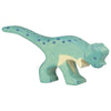 A hand-carved wooden toy dinosaur painted in light blue with dark blue spots. The Holztiger Pachycephalosaurus Dinosaur is depicted in a walking stance with its mouth open, showcasing a playful and whimsical design. This handcrafted wood piece is part of the renowned HOLZTIGER figures, proudly made in Europe.