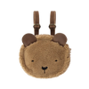 Circular brown faux shearling Donsje Pugi Backpack designed as a bear face with a smiling expression, ears at the top, and adjustable brown straps. The background is transparent.