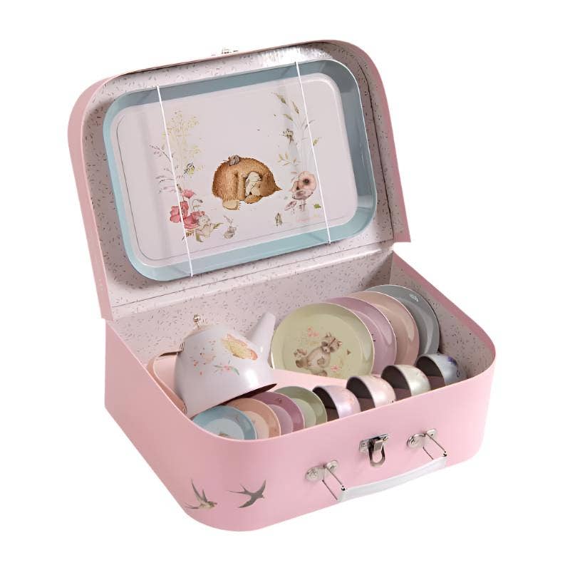 The Moulin Roty Tea Party Suitcase - The Rosalies is a pink case with bird designs containing a charming children’s metal tea set, including a teapot, cups, saucers, and tray decorated with a bear and floral illustration.