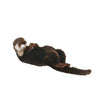 An Otter Mama Stuffed Animal lies on its back with paws up, looking relaxed against a plain white background—one of HANSA's charming and realistic plush animals.