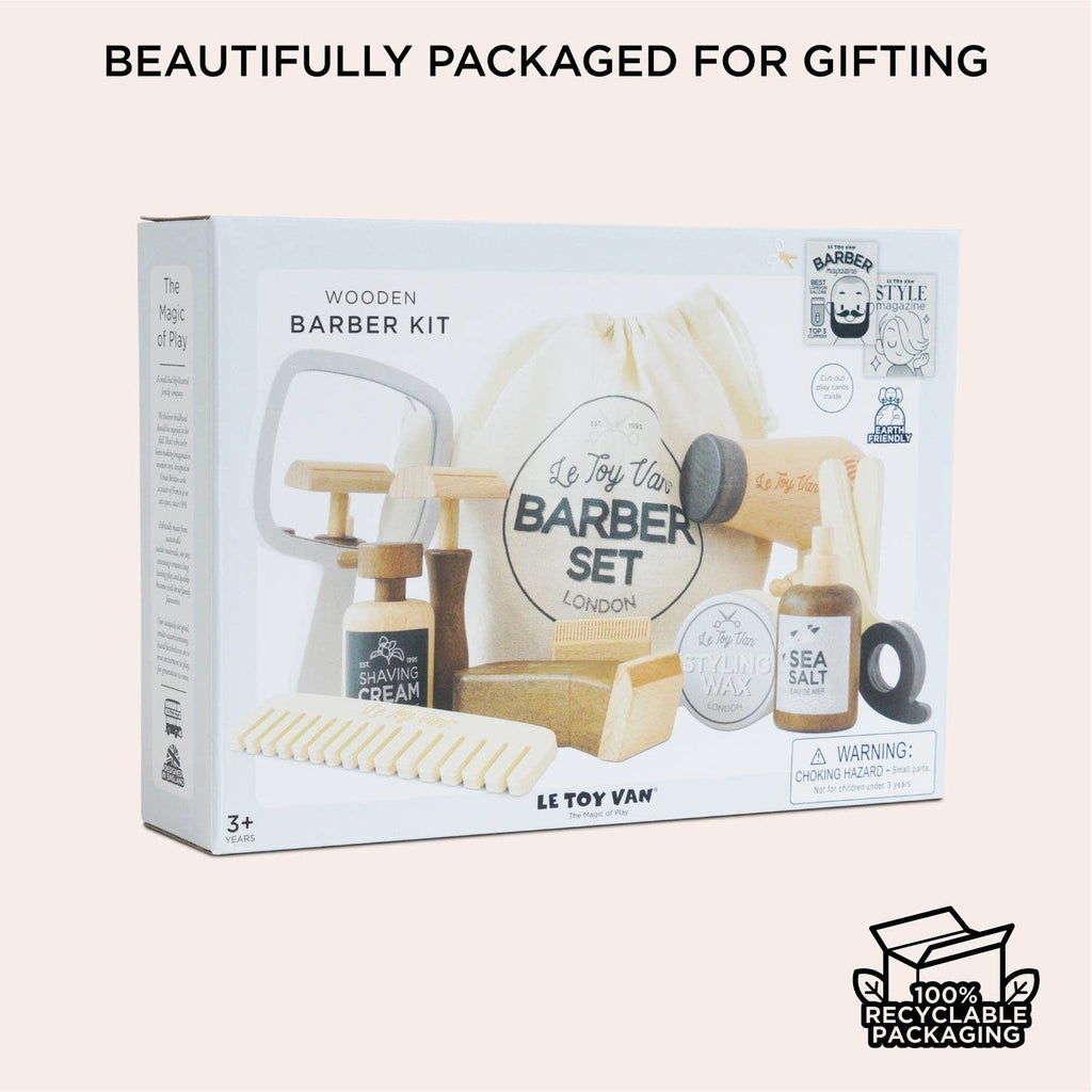 The Wooden Hairdresser & Barber Kit ships in one week and includes toy barber tools and accessories, is plastic-free, attractively boxed for gifting, and features 100% recyclable packaging.