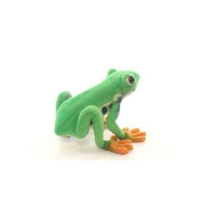A vibrant green and orange Tree Frog Stuffed Animal in a leaping position, isolated on a plain white background.