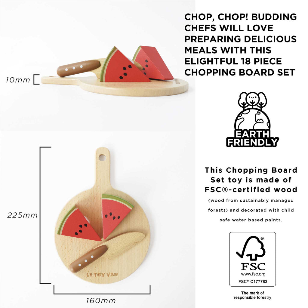 Image of the Wooden Chopping Board & Sliceable Play Food set featuring wooden fruit slices resembling watermelon on a small board with a toy knife. Perfect for role play, this set enhances fine motor skills, is crafted from FSC-certified wood, and promotes earth-friendly features.