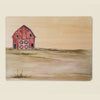 A red barn stands alone on a grassy plain under a pale sky, evoking the simplicity of the “Farm Animals Wooden Puzzle: A Tabitha Paige Puzzle” for children. Minimal vegetation surrounds it, and an empty, open landscape stretches outward—much like a scene from this toddler educational toy designed to inspire imagination and learning.