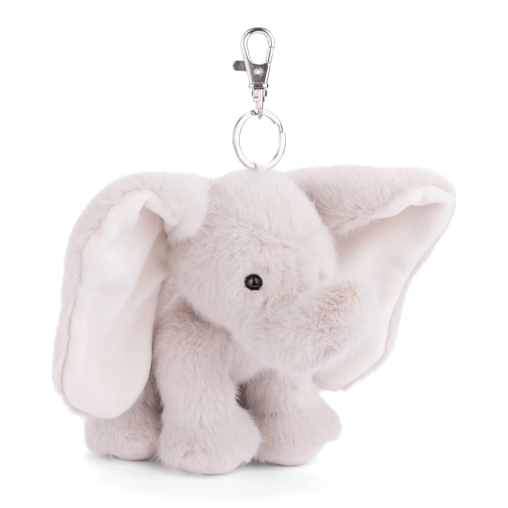 Introducing the Bukowski - August Elephant XL Bag Charm: an adorable, plush gray elephant keychain featuring large floppy ears and a sturdy metal clip on its back, perfect for accessorizing your bag. Shown here against a crisp white background.
