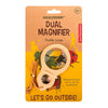 The Huckleberry Dual Magnifier has shatterproof lenses, a wooden handle, leather strap, and 5x/10x magnification. Its packaging shows leaves, a ladybug, children exploring, and the phrase "LET'S GO OUTSIDE!.