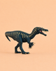 A Schleich Baryonyx Realistic Dinosaur Toy with Movable Jaw, featuring dark blue coloring and yellow markings, stands on a plain peach background and showcases the detailed craftsmanship characteristic of Schleich toys.