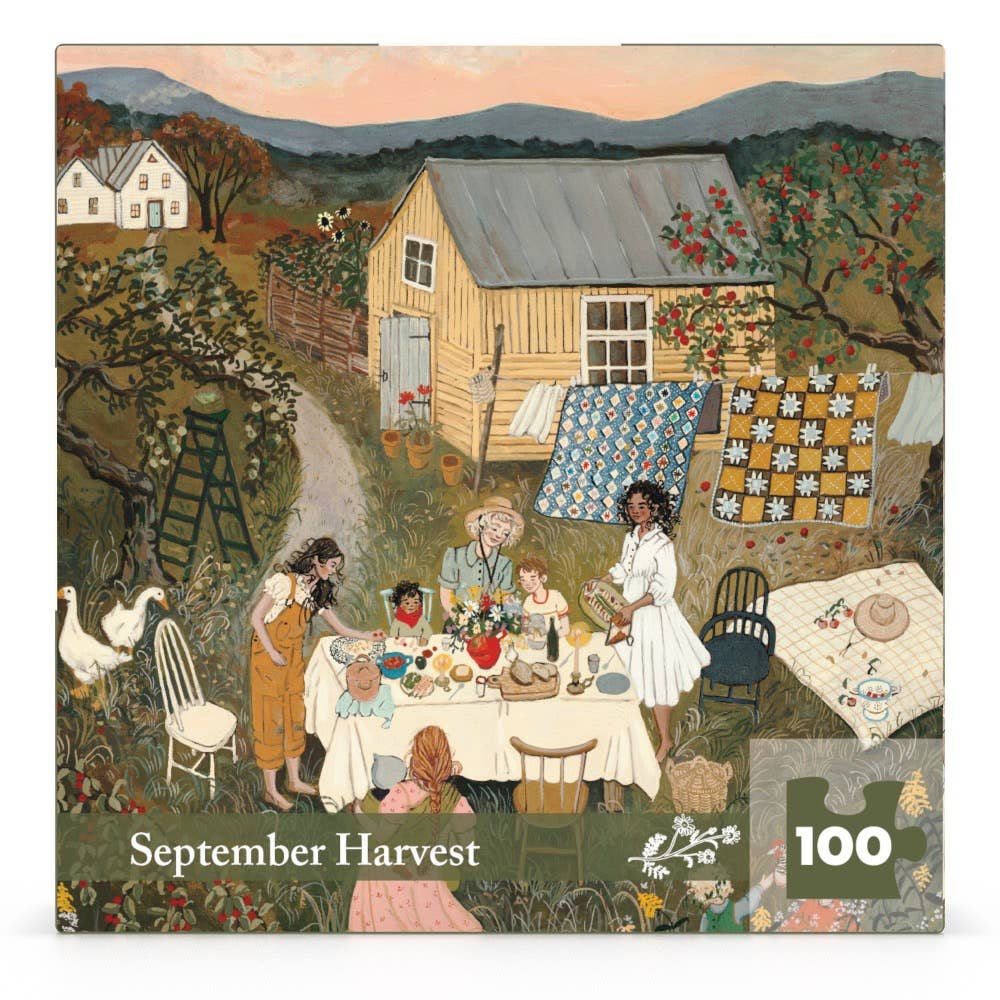 In the September Harvest Mini - 100 Piece Mini Puzzle, a group of people gathers for an outdoor meal near a cottage, with a quilt hanging on a clothesline and geese nearby.