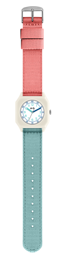 The Mini Kyomo Watch - Bloom features a white case, turquoise and pink strap, blue numbered face, and green hands—ideal for a playful kids’ style.