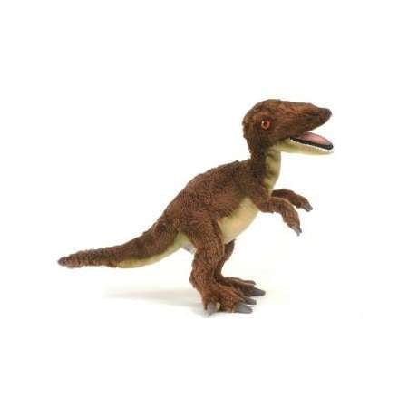 A Velociraptor Dinosaur Stuffed Animal with brown and cream coloring, standing on two legs and featuring a playful expression, crafted using high quality materials.