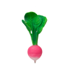 Ramona the Radish Teething Toy features a pink and white radish with green leaves, standing upright on a plain white background—ideal as a natural rubber baby toy for teething or sensory play.
